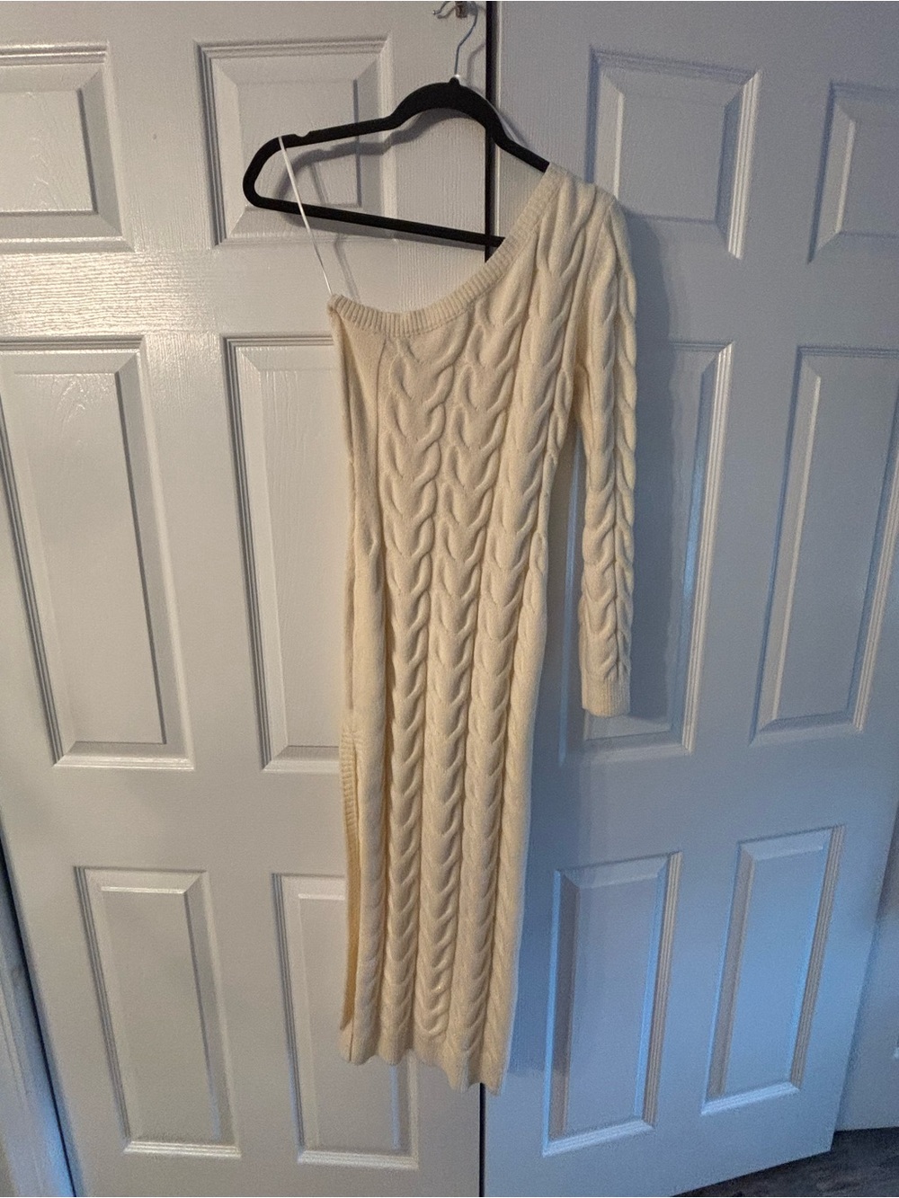 Off-Shoulder Cable Knit Maxi Dress in Cream